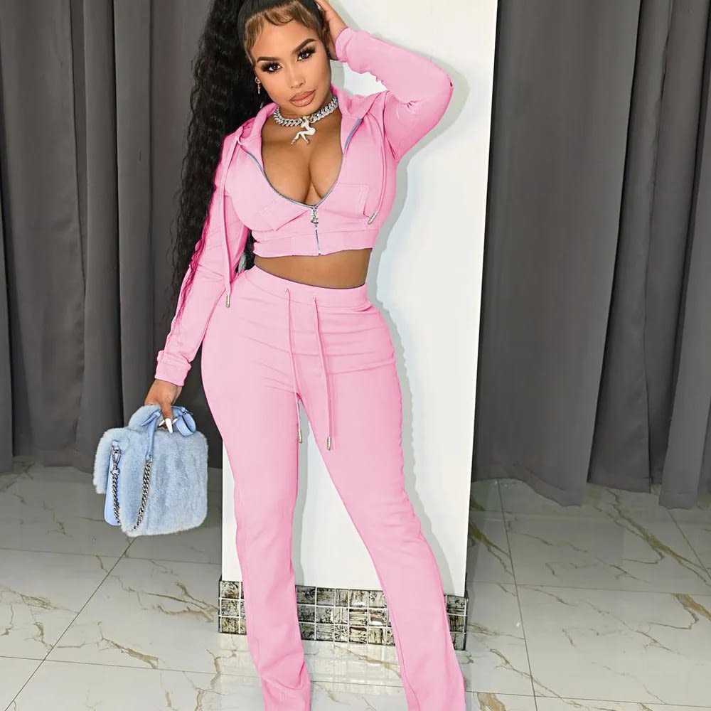 Women Solid Two Piece Set: Sport Hoodie Crop Top + Flare Pants, Autumn Streetwear